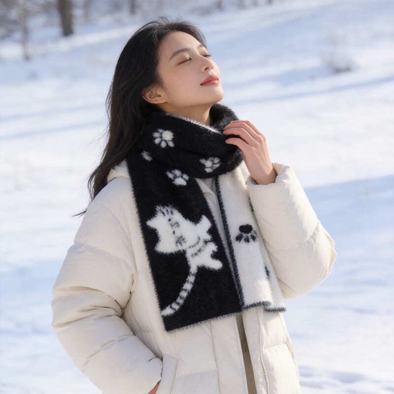 Japanese-Style Snow Cat Imitation Mink Fur Double-Sided Knitted Scarf for Women, Autumn and Winter Atmosphere, Versatile, Warm, Cold-Proof, Student Neck Warmer