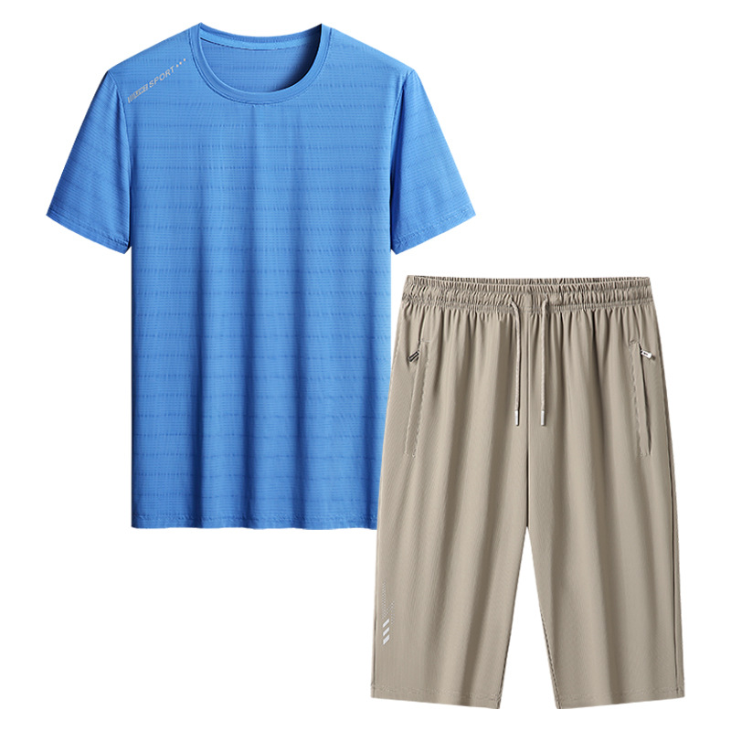 Papa de tamaño extra, traje de verano para hombres, hielo, secado rápido, pantalones de manga corta, de mediana edad, deportivo, ocio, dos piezas
