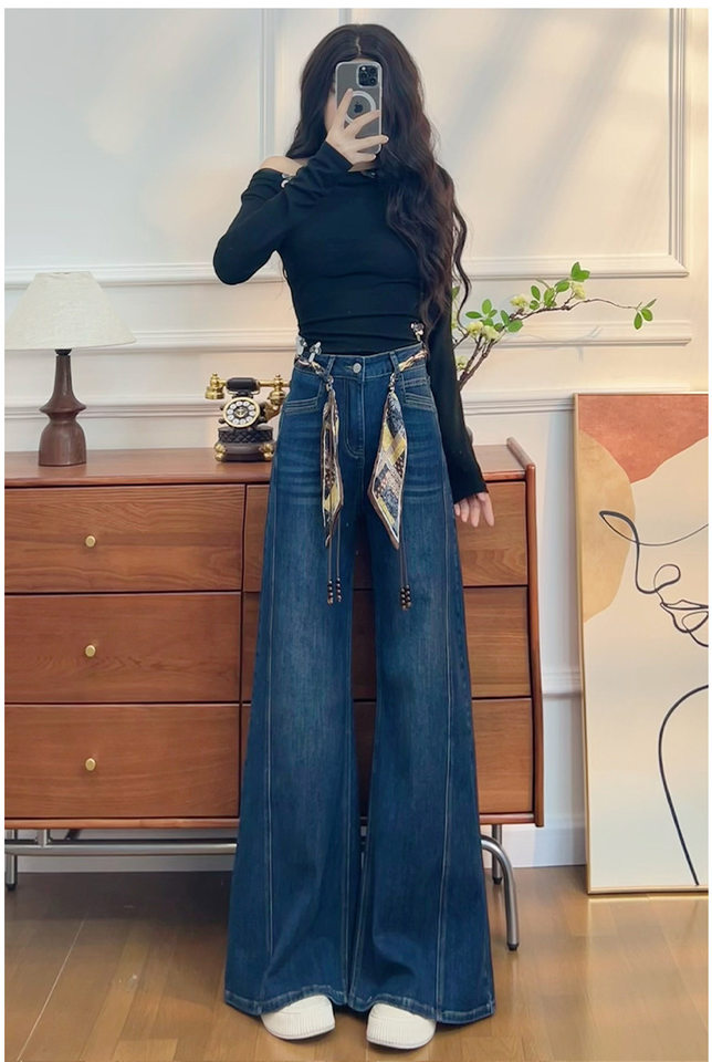 Quần jean nữ ống loe cạp cao co giãn, denim lót lông cừu mùa đông — Màu xanh vàng đen kéo dài, Quần xanh đen vàng, Retro màu xanh chín điểm, Vàng đen xanh chín điểm chi tiết 19