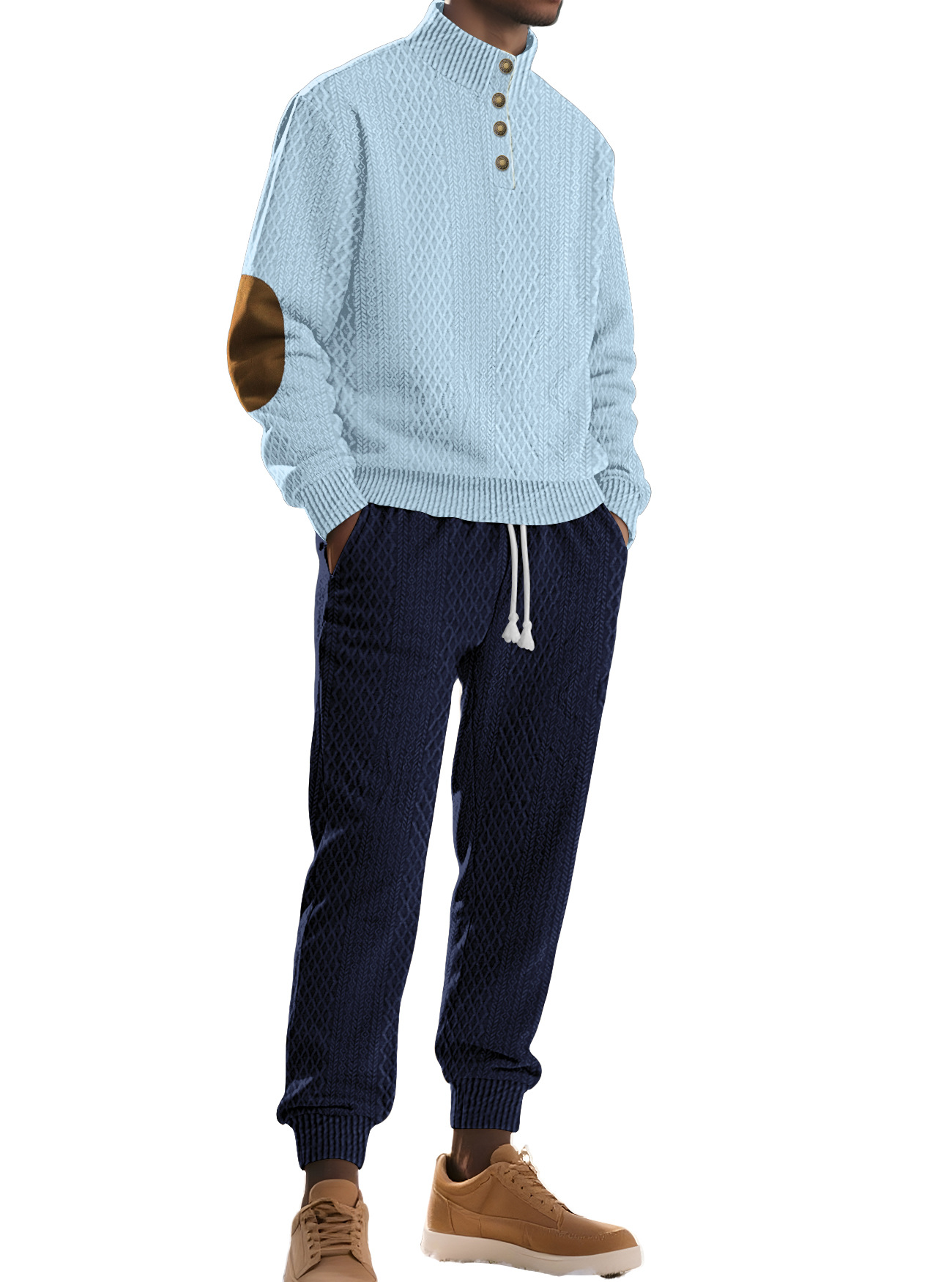 Transfronterizo Europa y América Amazon hombre cuello alto Jacquard casual bordado sweaters deportivos de color sólido manga larga pantalones largos set