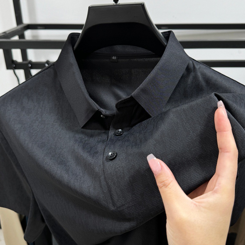 夏シームレスアイスシルクラペルポロシャツメンズビジネスカジュアル半袖Tシャツ通気性中年男性服潮|undefined