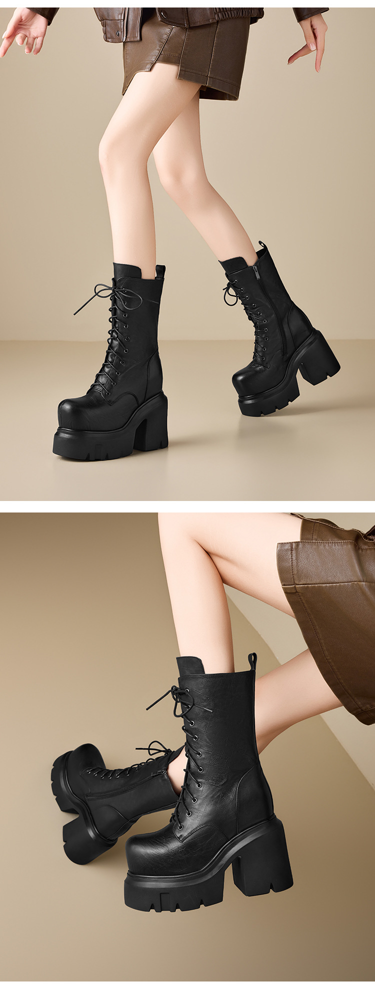 Boot nữ da mềm mũi tròn gót thô đế dày dây buộc cao 14 cm — Đen nhung chi tiết 7