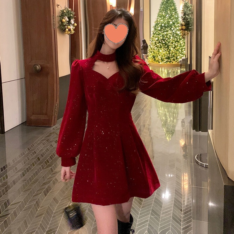 Christmas Evening Dress Western-style Celebrity Lady Red Chinese New Year's Gown Velvet dress Women's Autumn and Winter High-end Slim-fit Skirt