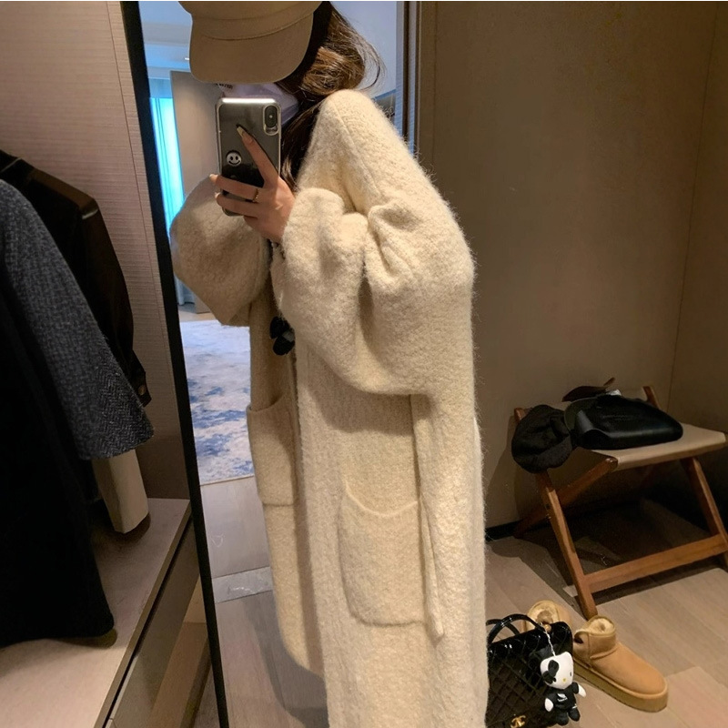 Korean Style Soft and Waxy High-End Lazy Style Mid-Length Knitted Cardigan for Women Autumn and Winter Thickeneded Loose Sweater Jacket Coat