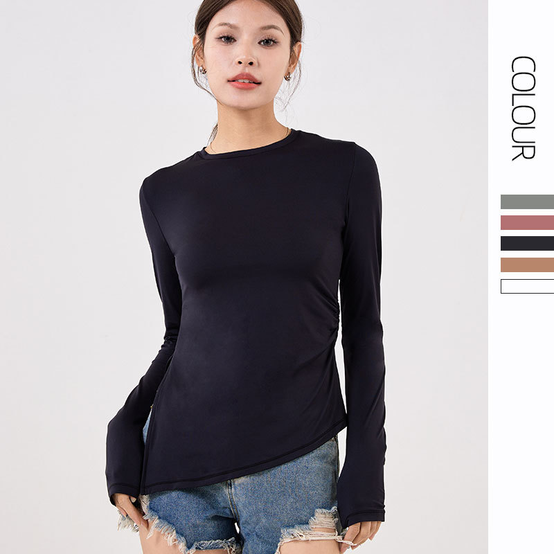 Primavera y verano nueva yoga de doble capa nube camisa suave de las mujeres cuello redondo dividido apretado deportes fitness superior desgaste exterior camisa de fondo