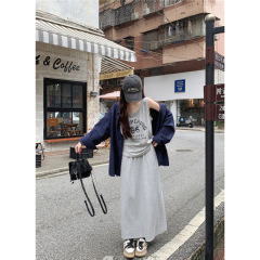 大码秋季休闲打底吊带上衣直筒半身裙宽松衬衣外套三件套女