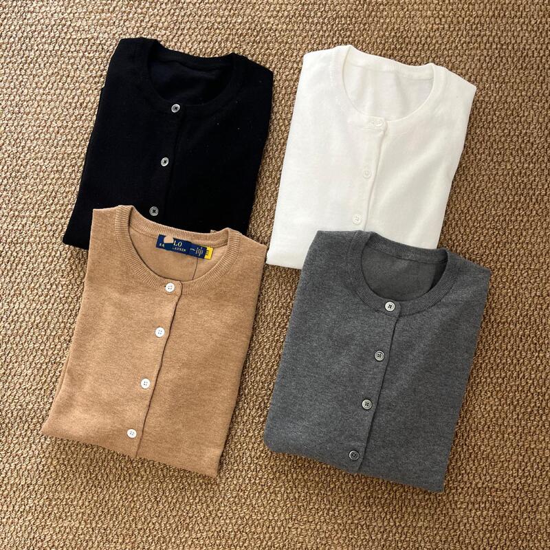 High-End Rl Ralph Lauren Embroidered Knit Cardigan with Long Sleeves, Round Neck, Solid Color, Versatile Sweater for Autumn and Winter