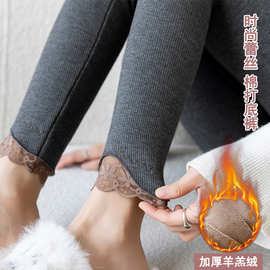 新款高腰棉打底裤冬羊羔绒加厚保暖九分裤蕾丝大码200斤外穿女裤