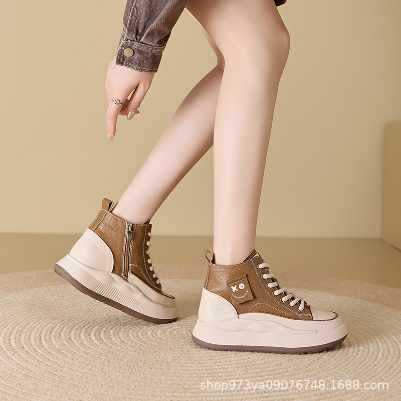 Otoño nuevo cuero casual zapatos individuales para mujeres 2024 pequeño aumento de altura de suela gruesa con cremallera lateral delgada zapatos 550