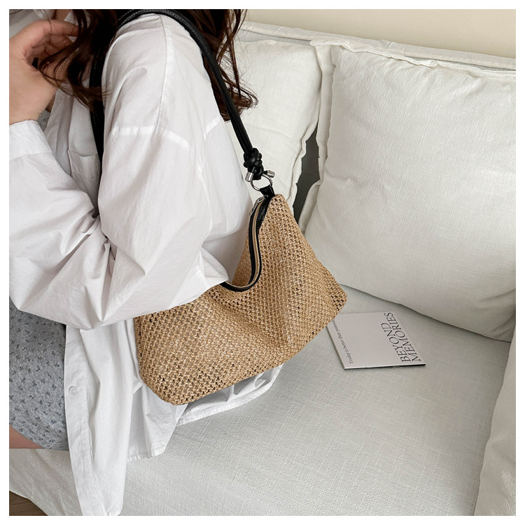 114g Weight Polyester Lining Material Weave Fashion Element Zipper Closure Type Single Shoulder Strap Strap Type Underarm Bag Bags Type Daily, Street, Shopping Occasion Straw Material New Year Festival Solid Color Pattern All Seasons Season Women's Gender Streetwear Style Square Shape Large Size Women's Large Straw Solid Color Streetwear Weave Square Zipper Underarm Bag 9