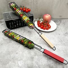 鉄芸焼き網ステンレス焼き網焼き籠ソーセージ挟み木柄BBQ焼き網挟み焼き棚