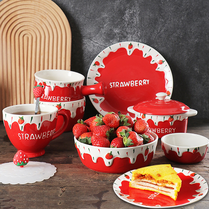 Exquisite Ceramic Tableware Set Household Japanese Style Strawberry Bowl Disc Water Cup Salad Dessert Chinese Red Cute Hand-painted