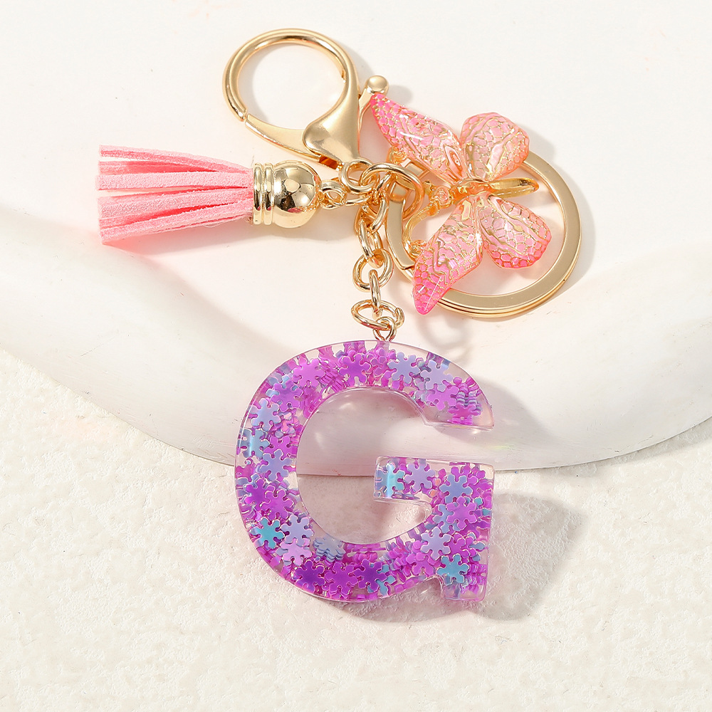 Nuevo color púrpura claro mezcla de polvo brillante letras inglesas resina llave colgante estilo simple mariposa borda colgante