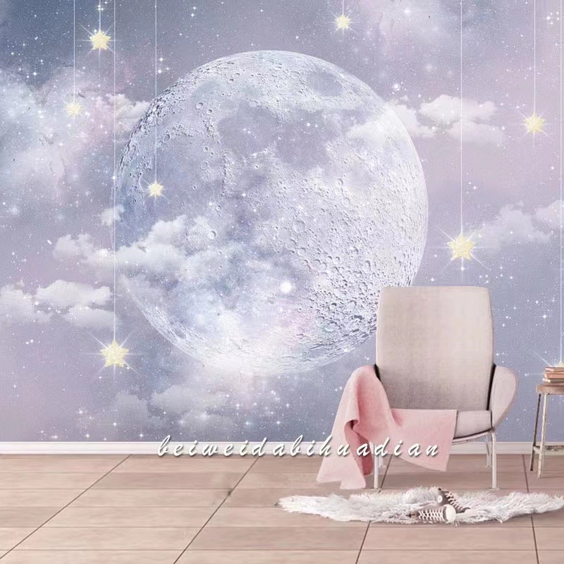 梦幻星空月球壁纸北欧艺术个性创意背景墙纸儿童房卧室小清晰墙布