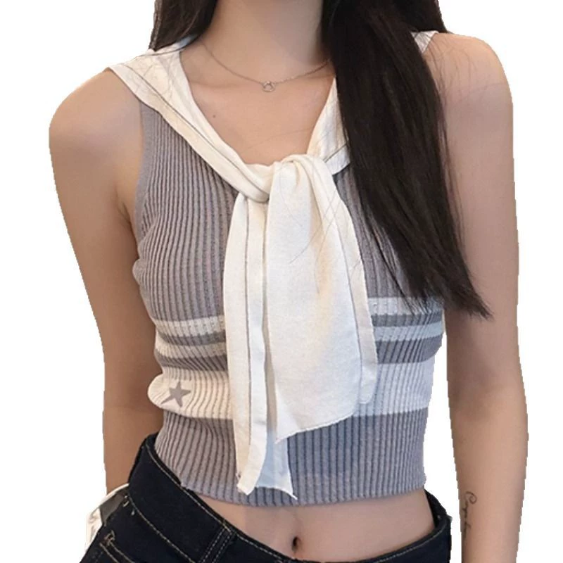 Knitted sweater sleevless, summer navy fitted short tank top