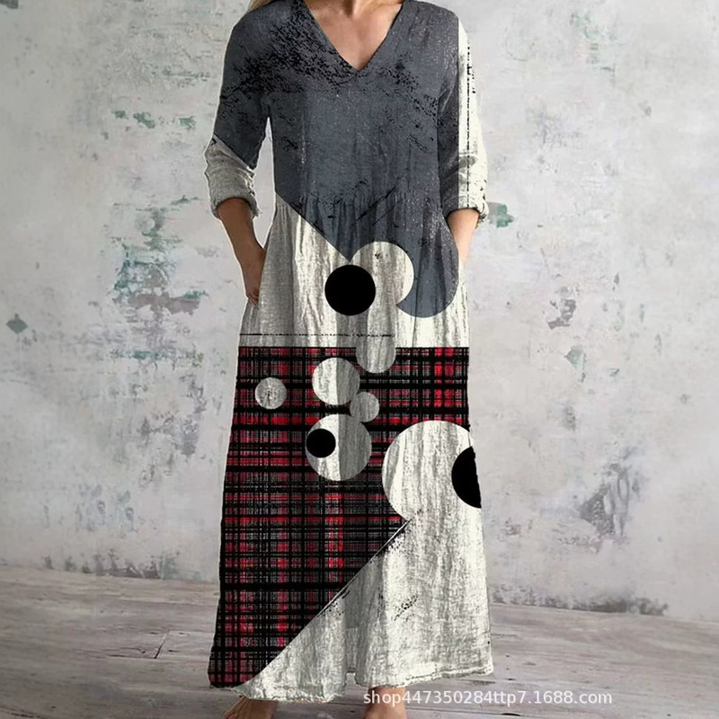 Cross-Border Exclusive Supply of Abstract Geometric 3D Print V-Neck Long Dress, Plus-Size Loose-Fitting Women's Clothing with Pockets