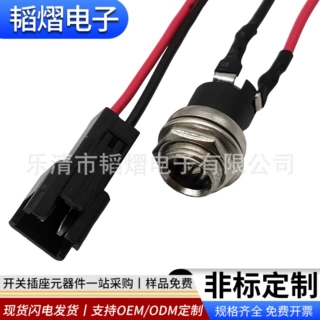 厂家定制DC5551带线电源插座DC-025M带螺纹配螺帽焊线大电流母座
