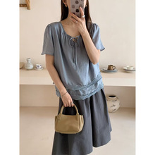 法式甜美圆领系带蕾丝花边下摆宽松衬衫女显瘦娃娃衫薄款小衫上衣