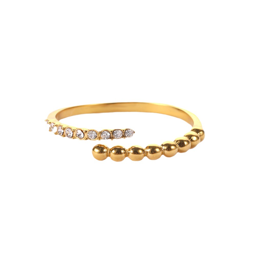 Anello aperto da donna, versatile e alla moda, in oro 18 carati con perline di diamanti bianchi, fascia delicata in acciaio inossidabile e acciaio al titanio._voghion.com