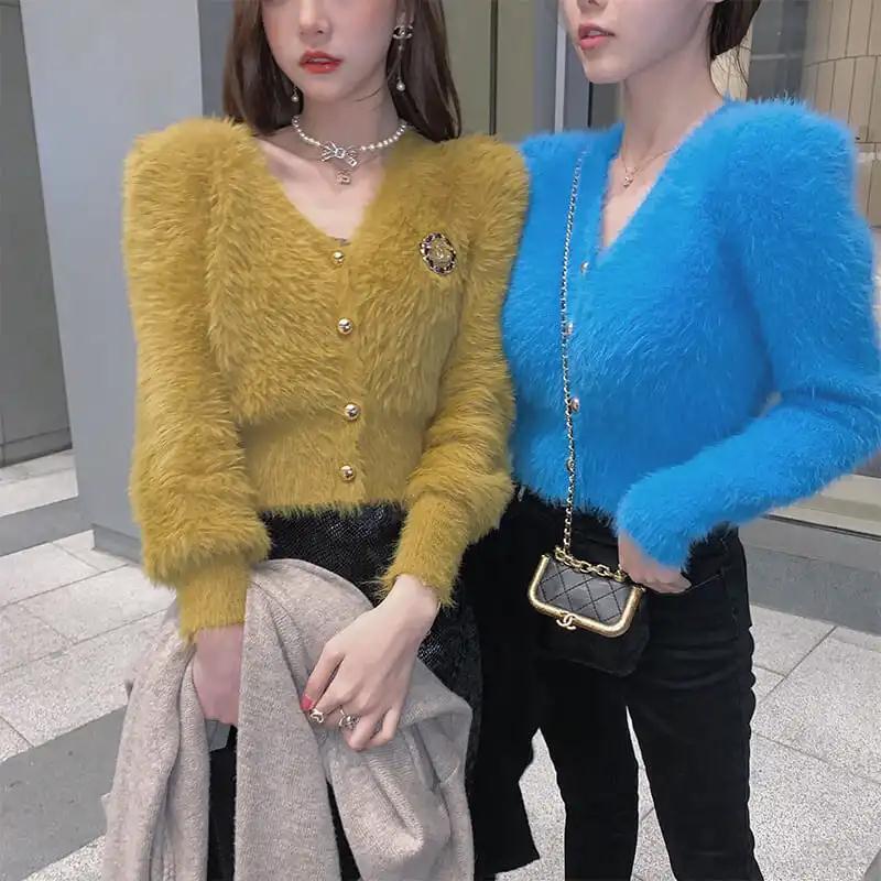 Trendy Mink Cashmere Sweater Women's Coat Autumn Winter New Stylish Versatile Short Cardigan V-Neck Knitwear
