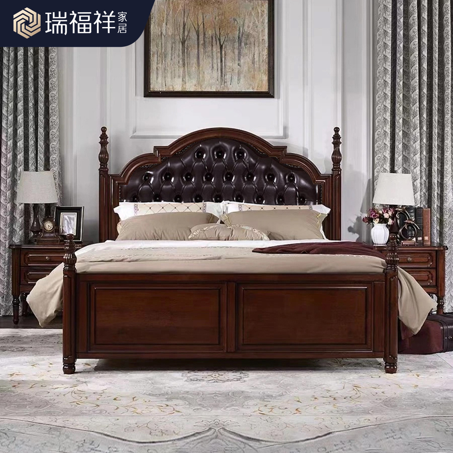 Mahogany American-Style Solid Wood Bed Retro Master Bedroom Double Bed Leather Art Princess Bed 1.8m Upholstered Wedding Bed