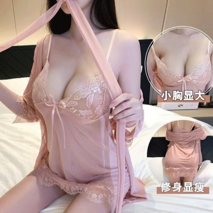Plus-Size Sexy Women's Sleepwear, High-End Lace Camisole Nightgown Two-Piece Set, Sheer Ice Silk Robe A97
