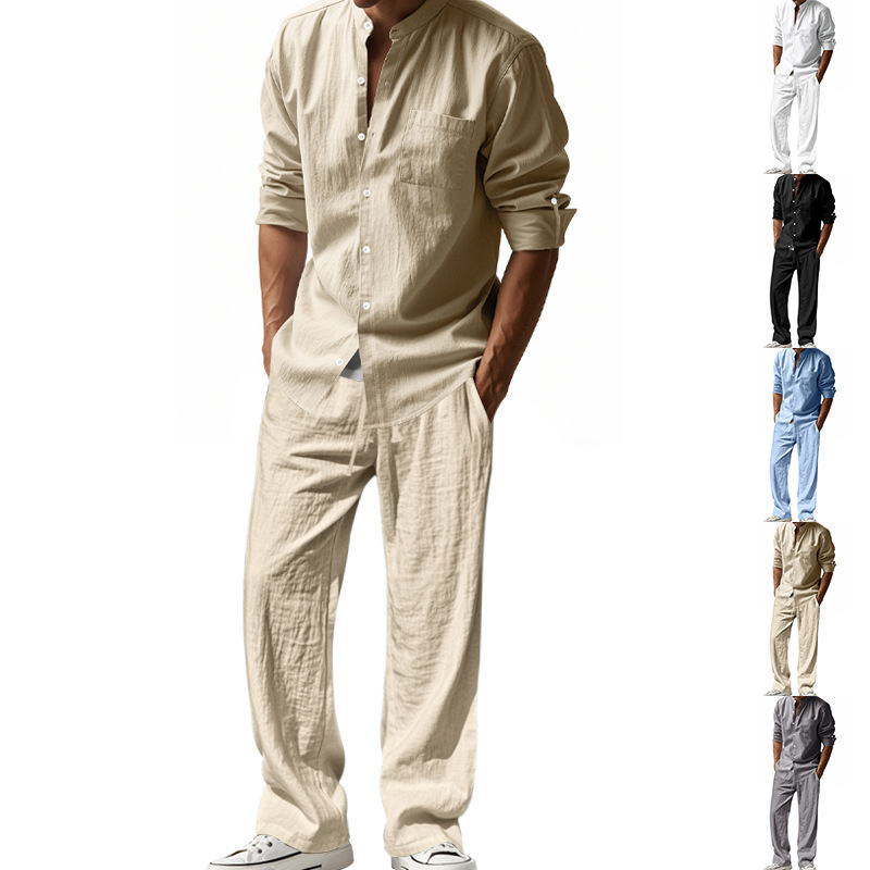 2026 Cross-Border European and American Summer Linen Men's Casual Loose Breathable Long-Sleeve Shirt and Pants Beach Set in Stock