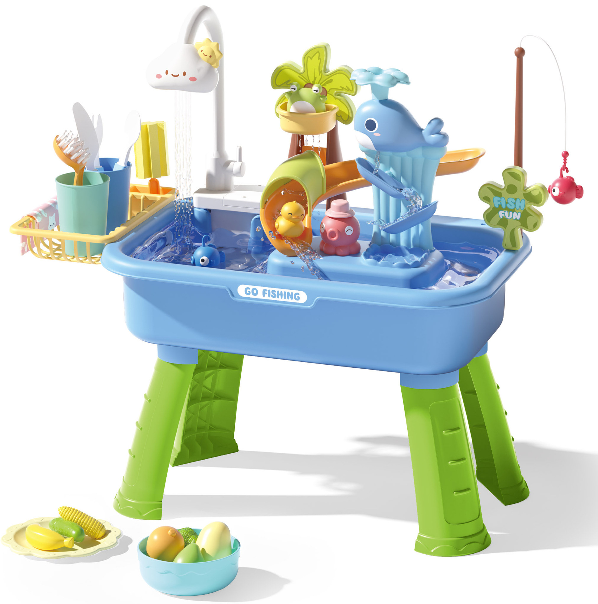 Niños transfronterizos cocina lavavajillas conjunto de ciclo eléctrico para lavar verduras juguetes de agua de pesca