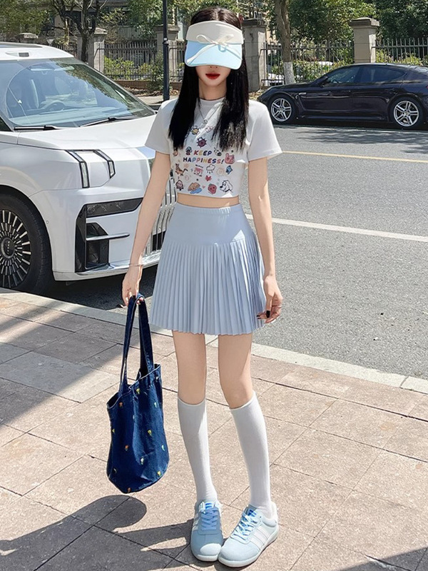 ブルーアイスシルク日焼け止めショートスカート女性の夏薄いプリーツjkヨガスポーツテニススカート痩身ハーフレングスaラインスカート|undefined
