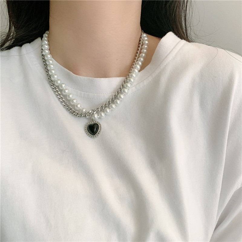 fashion new style Double Titanium Steel Pearl Necklace