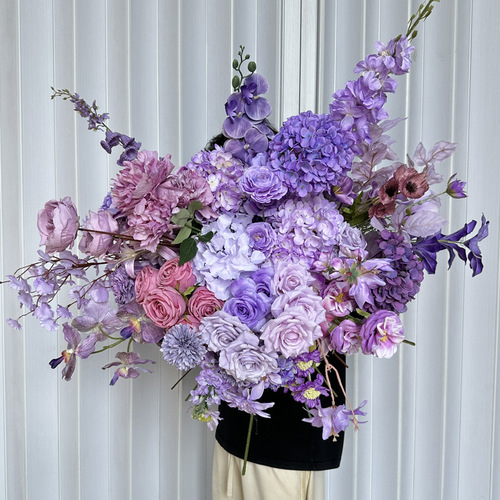 Purple simulated flowers wedding hall ceiling decoration signage, row decoration, rose, butterfly orchid, simulated flowers, artificial flowers