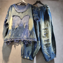 个性潮酷街头做旧牛仔套装女圆领破洞短袖上衣宽松哈伦裤2025春夏