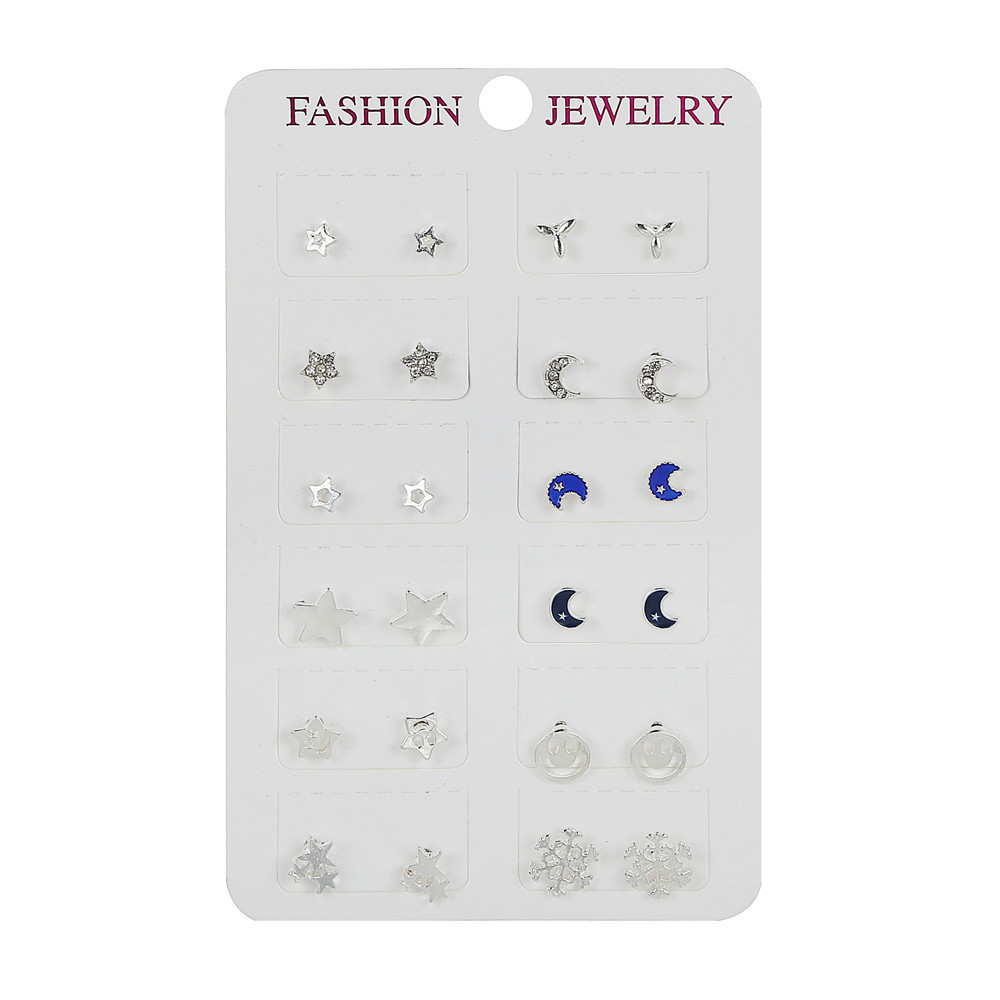 12 Pairs Of Silver Ear Studs Suit Fashion New Simple Earring Wholesale display picture 5