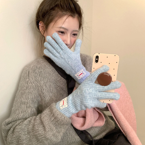 Touchscreen Thickenable Warm Gloves for Women - Winter Korean Style, Ins Knitted Outdoor Riding Cold-Proof Blue Split-Finger Gloves