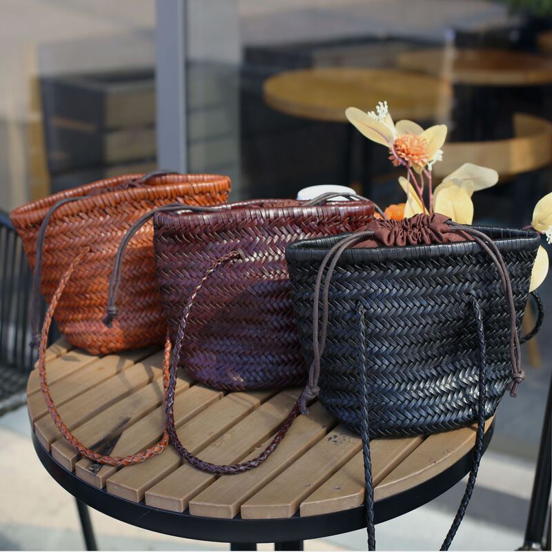 Spring and Summer First-Layer Cowhide Hand-Woven Bag, French-Style Genuine Leather Basket Bag, Vintage Genuine Leather Bag, Women's Shoulder Bag, Ins