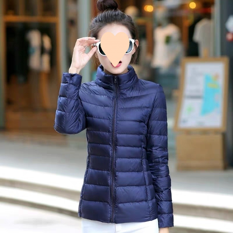 여성용 스탠드 칼라 네이비 블루
