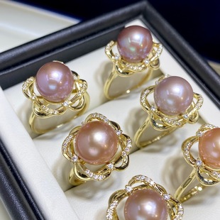 New Edison Natural Freshwater Pearl Ring 11mm Pink and Purple Large Round Beads Colorful Jewelry Women's 18K Gold Injection