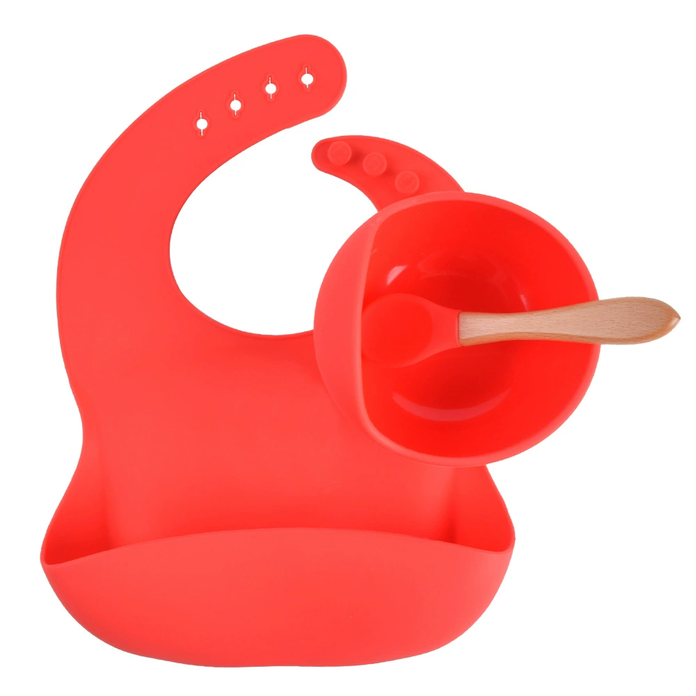 Silicone children's tableware set — bib, bowl and spoon with suction base, multi-color