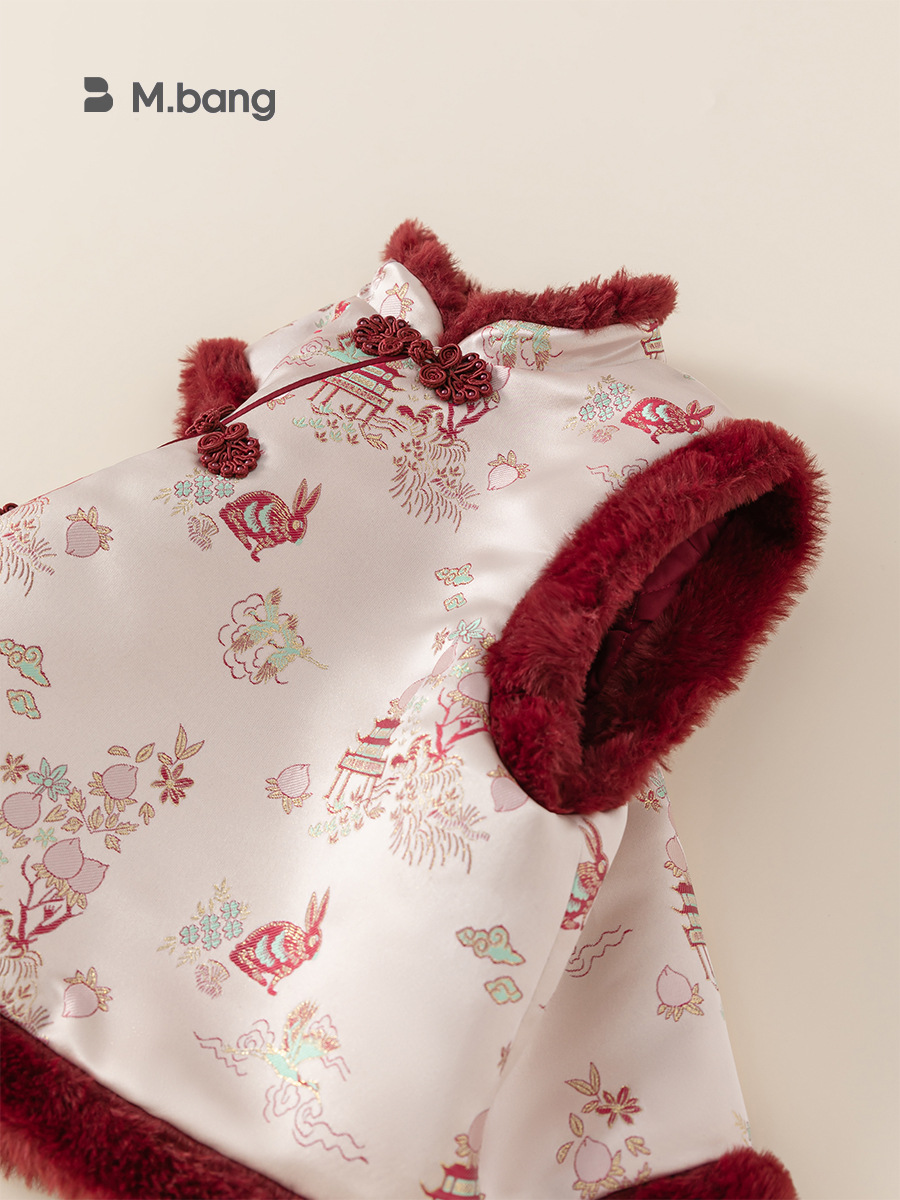 Youbao ropa para niños chaleco cheongsam para niñas invierno nuevo estilo más vellón engrosamiento ropa de felicitación de Año Nuevo chaleco chaleco cálido