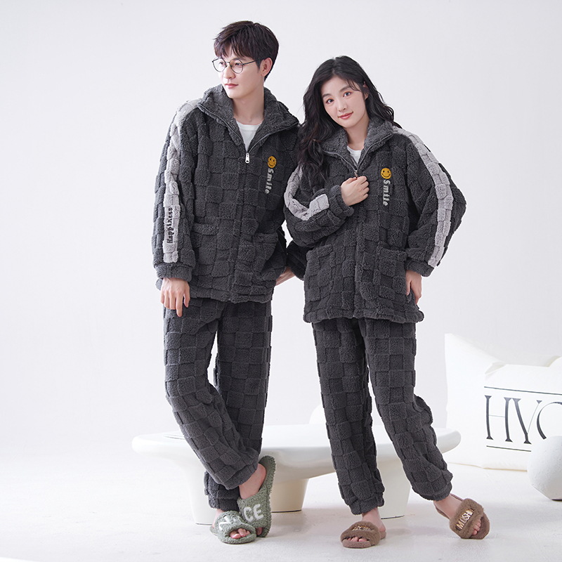 Pijamas de pareja de invierno de las mujeres de coral de lana collar de pie estilo deportivo ligero se puede usar fuera de forro polar engrosada homewear traje de manga larga