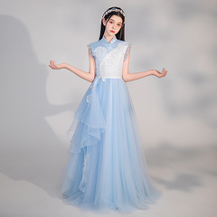 兒童民樂演出服2025新款淺藍色新中式走秀禮服裙小女孩國風古箏服