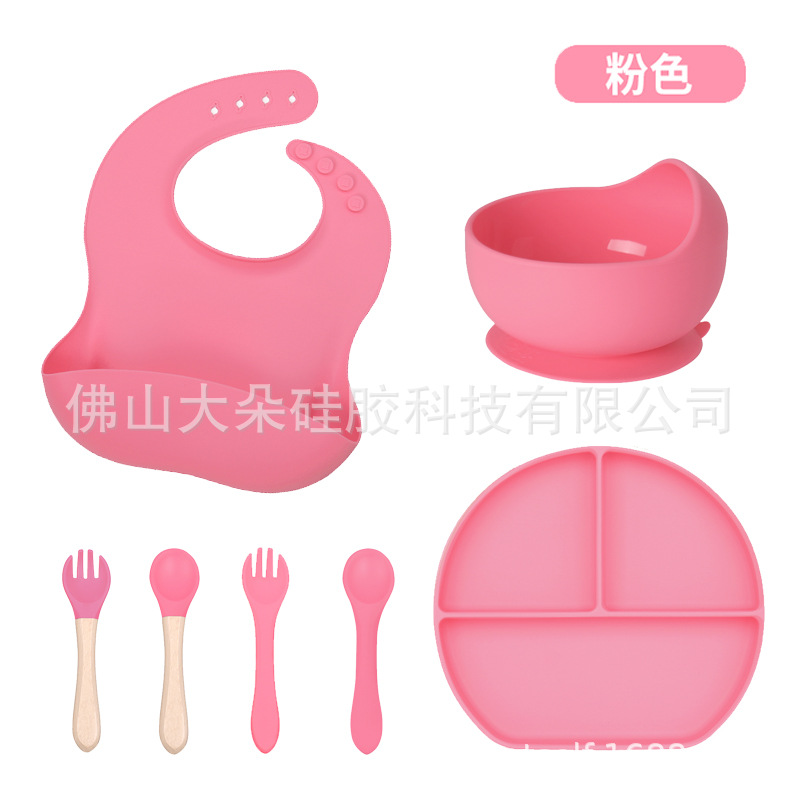 Precio bajo de la fábrica libre combinación de silicona bebé placa niños suplemento alimenticio tazón cuchara taza de agua babero traje