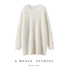 100%纯山羊绒衫女圆领套头宽松针织衫中长款打底毛衣加厚绞花上衣