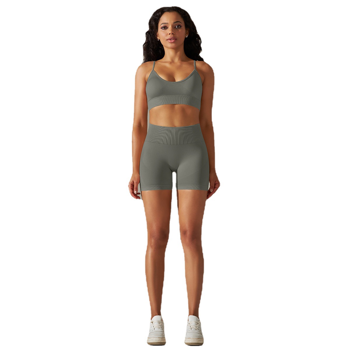Transfronterizo europeo y americano de color sólido sin costuras de alta elástico apretado melocotón belleza espalda ropa deportiva ropa de yoga pantalones cortos de tres puntos traje de las mujeres