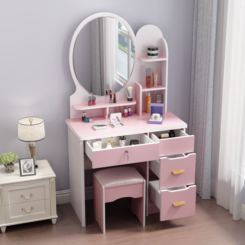 80cm 핑크 원형 거울 오른쪽 캐비닛 + 스툴 보내기