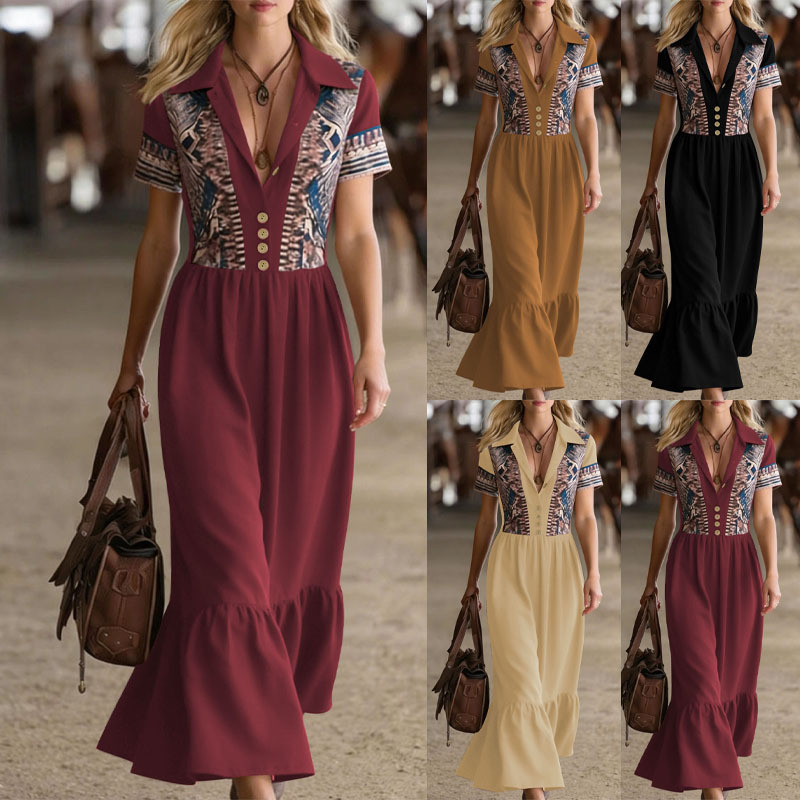 Wish European and American Plus-Size Cross-Border Aztec Print Long Dress American Western Retro Style High-Waisted Long Dress for Women