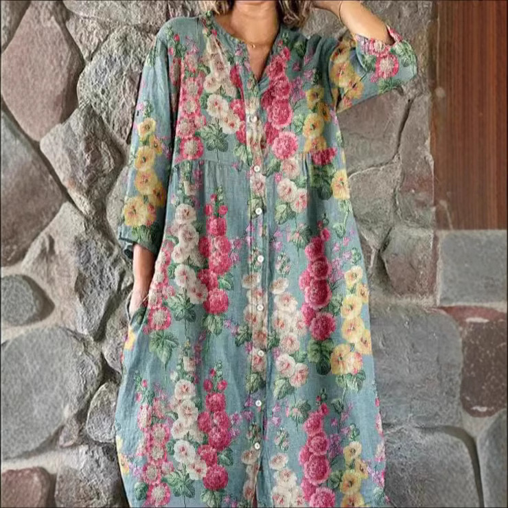 Cross-Border 2024 Summer New European and American Women's Clothing Loose and Fashionable High-End Long-Sleeved Printed Shirt Dress European and American Style