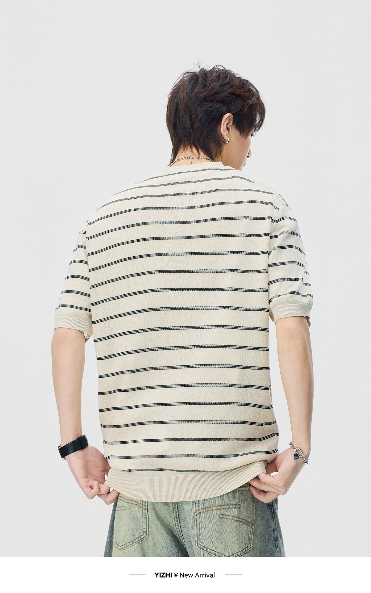 Áo thun nam tay ngắn cổ tròn sọc kẻ chất liệu Tencel thoáng mát — Cà phê gai dầu chi tiết 13