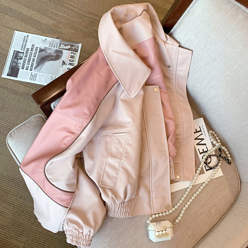 European-Style Pink Casual Leather Jacket for Women, 2025 Spring New Trendy Brand, Loose American Retro Biker Jacket