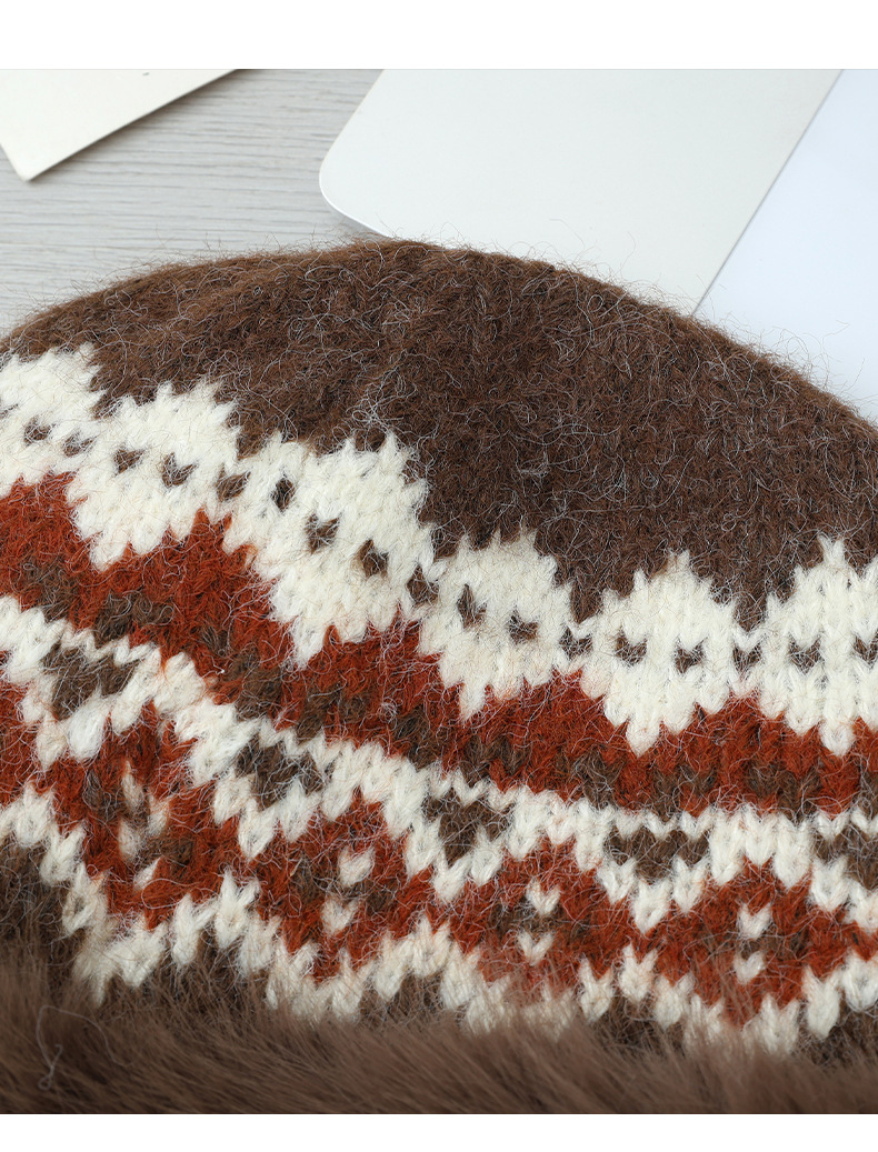 Cappello da pescatore invernale retrò in stile etnico jacquard lavorato a maglia, in pelliccia di coniglio, caldo, spesso e antifreddo_voghion.com